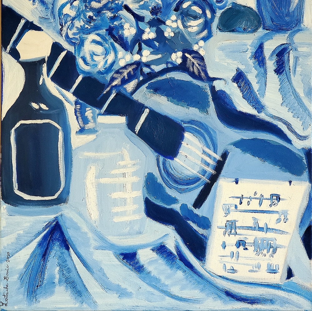 "Blue Guitar" Contemporary Still Life Oil on Canvas Painting, Signed - Picture 3 of 11